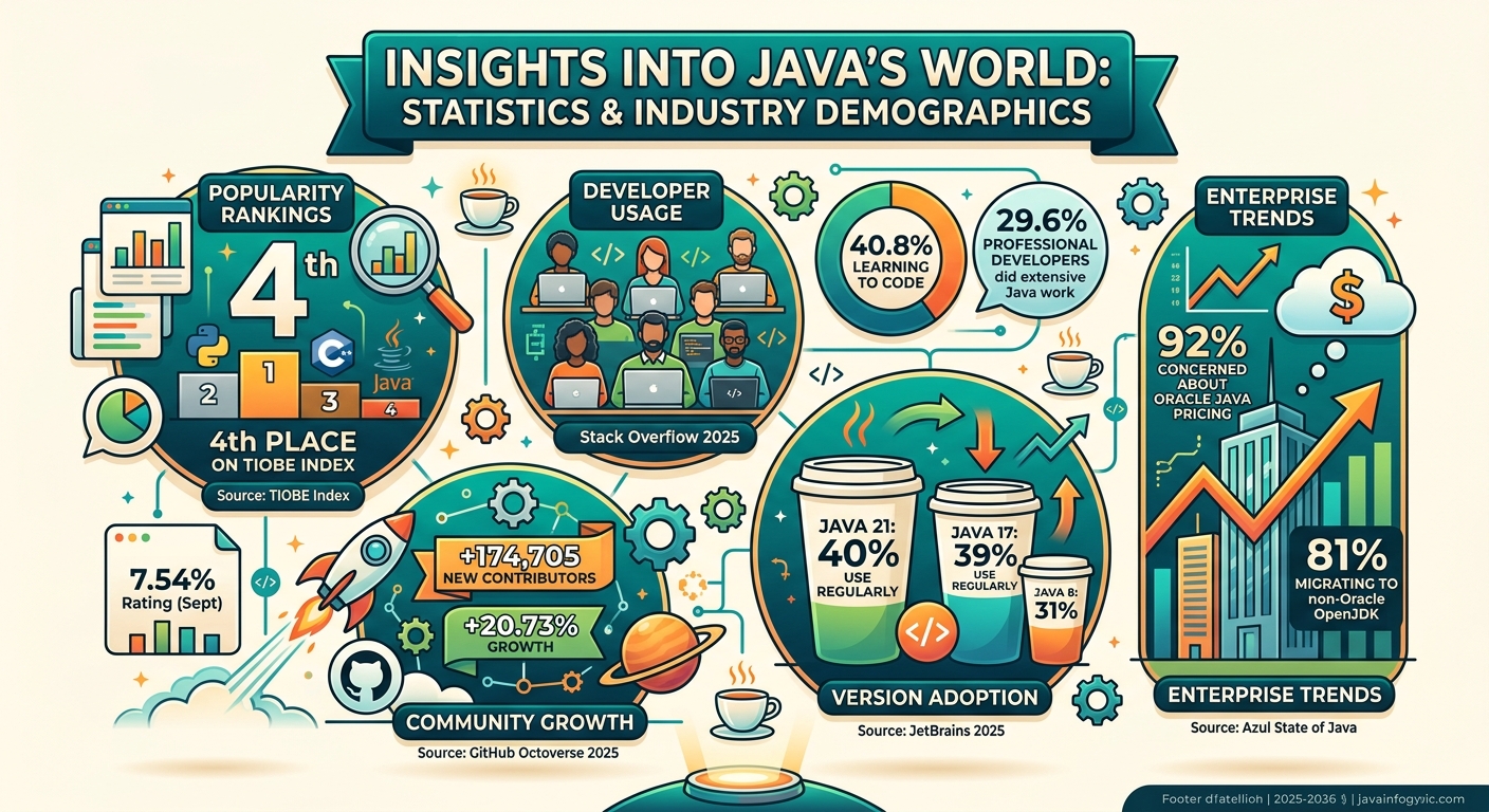 Java language statistics and industry demographics for 2026 showing TIOBE rankings, developer usage, GitHub contributors, version adoption, demographics, enterprise trends, and Oracle Java migration data.