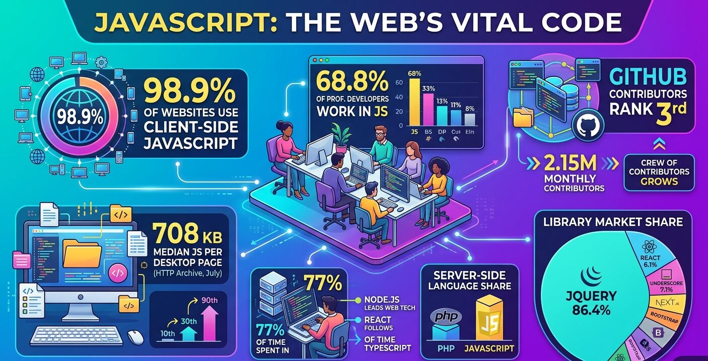 JavaScript statistics for 2026 showing website usage, developer adoption, GitHub contributors, TIOBE ranking, library market share, TypeScript growth, runtimes, and page weight.