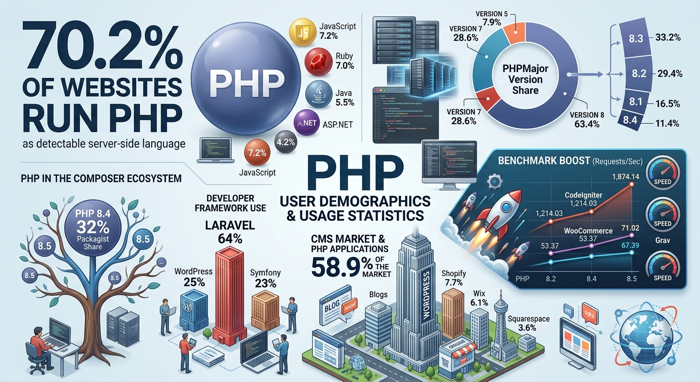 PHP user demographics and usage statistics for 2026 showing PHP market share, version adoption, Packagist usage, developer preferences, benchmarks, support timelines, and CMS distribution.